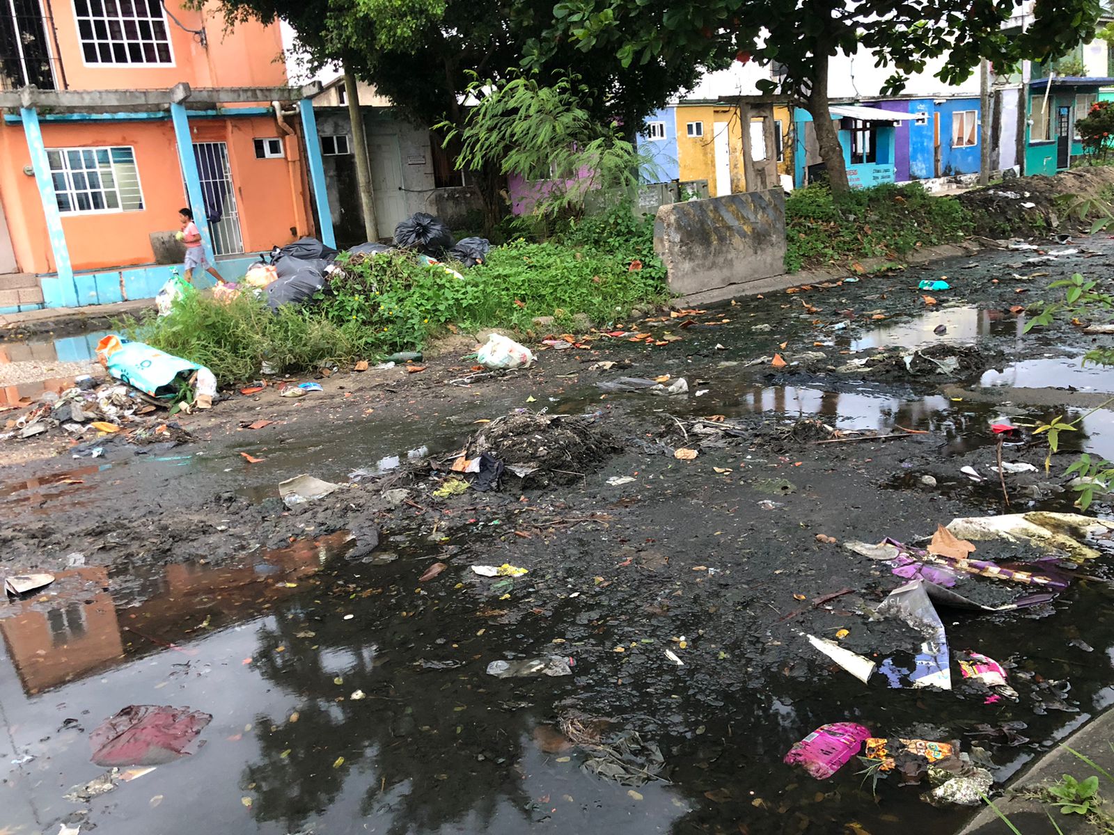 Vecinos de Ciudad Olmeca desde hace cuatro años viven entre el lodo y aguas negras